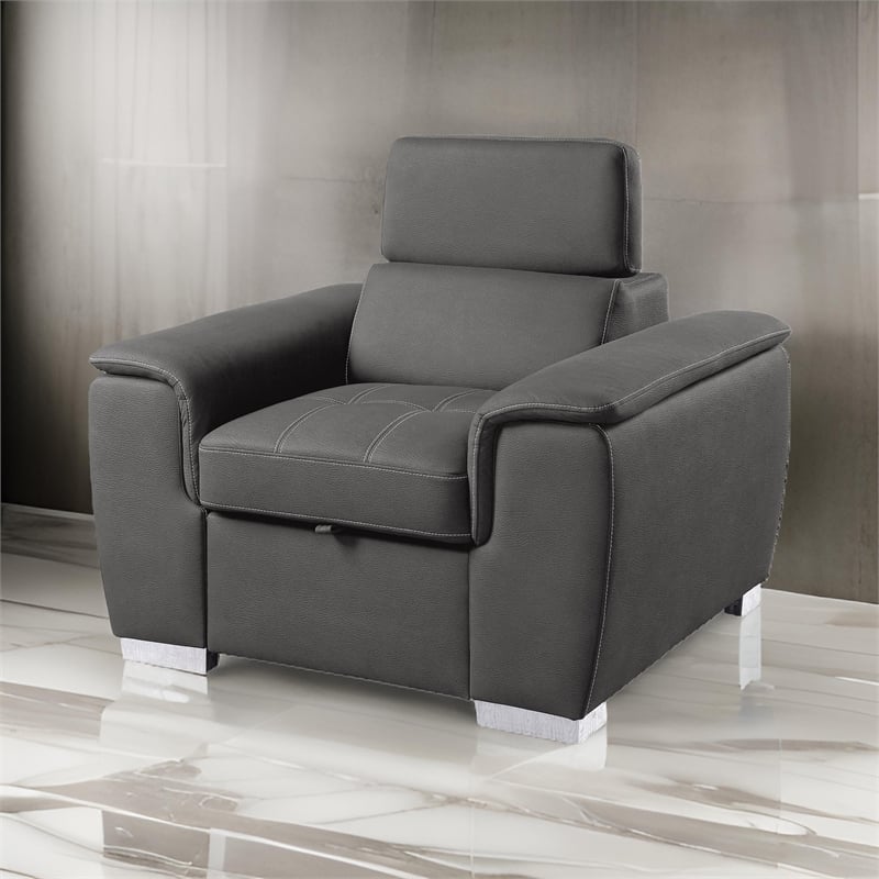 Rida 45 Inch Chair- Pull Out Ottoman- Adjustable Headrest- Solid Wood- Gray