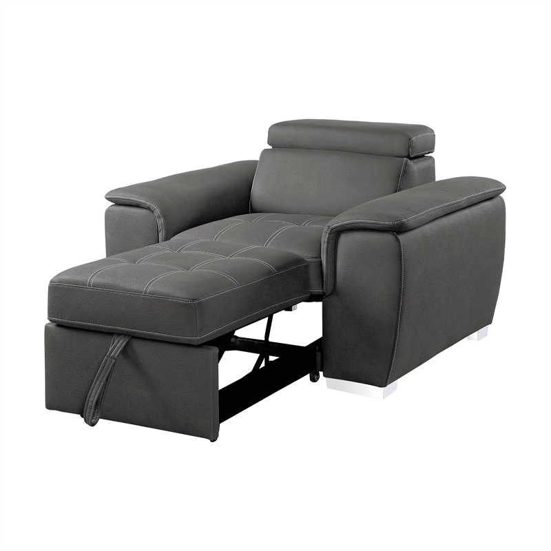 Rida 45 Inch Chair- Pull Out Ottoman- Adjustable Headrest- Solid Wood- Gray