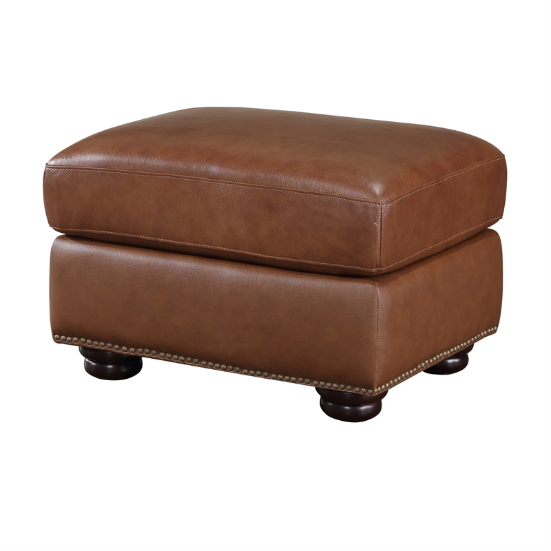 Boro 28 Inch Ottoman- Rich Brown Top Grain and Faux Leather- Solid Wood