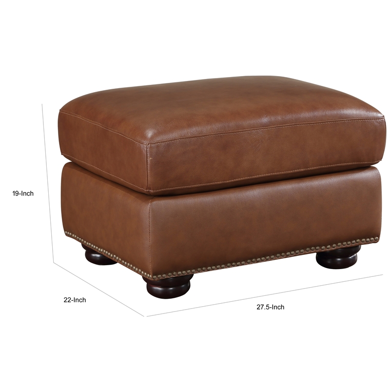 Boro 28 Inch Ottoman- Rich Brown Top Grain and Faux Leather- Solid Wood