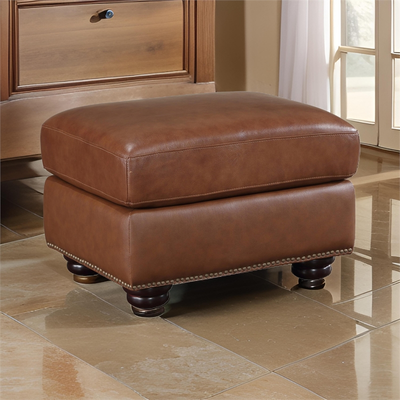 Boro 28 Inch Ottoman- Rich Brown Top Grain and Faux Leather- Solid Wood