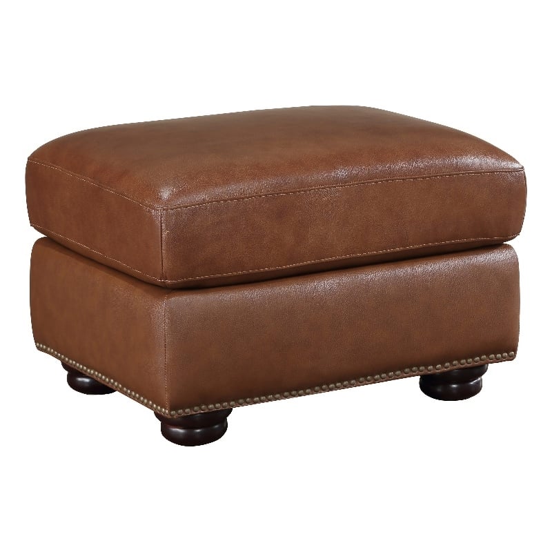Boro 28 Inch Ottoman- Rich Brown Top Grain and Faux Leather- Solid Wood