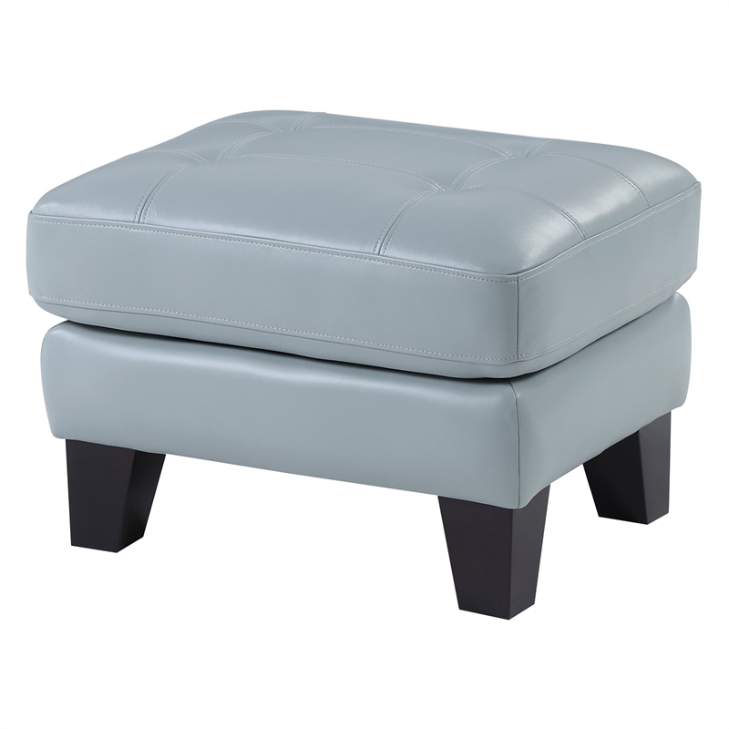Sofy 27 Inch Ottoman- Aqua Blue Top Grain and Faux Leather- Solid Wood