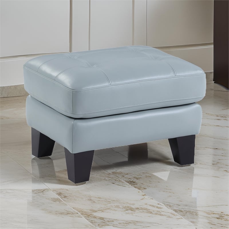Sofy 27 Inch Ottoman- Aqua Blue Top Grain and Faux Leather- Solid Wood