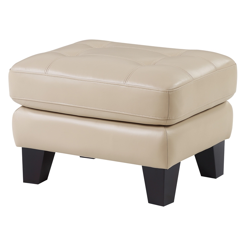 Sofy 27 Inch Ottoman- Beige Top Grain and Faux Leather- Solid Wood Feet