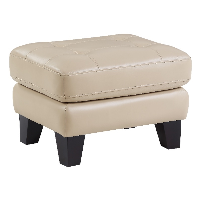 Sofy 27 Inch Ottoman- Beige Top Grain and Faux Leather- Solid Wood Feet