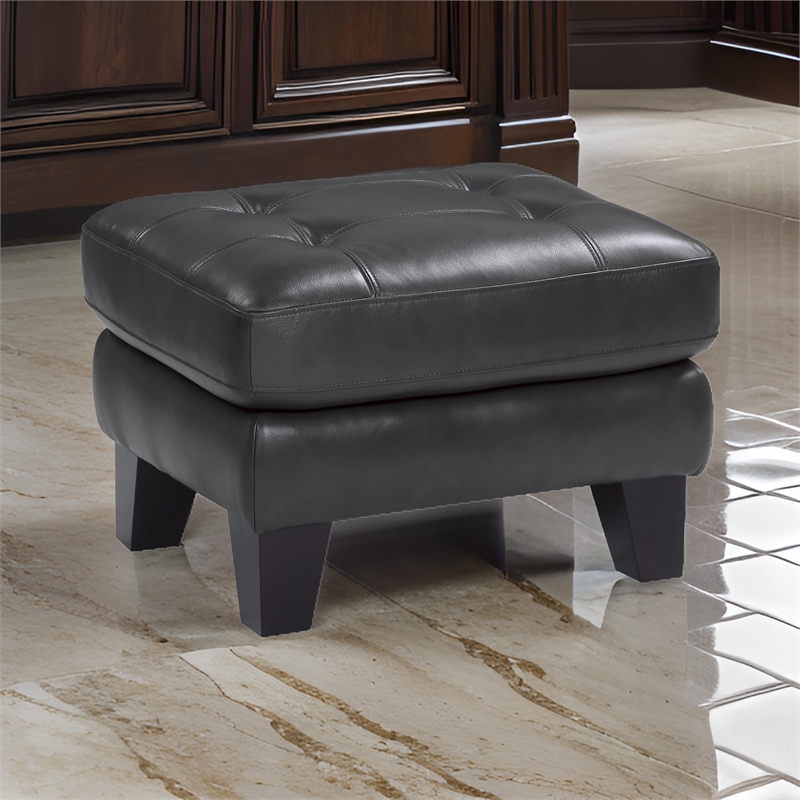 Sofy 27 Inch Ottoman- Dark Gray Top Grain and Faux Leather- Solid Wood
