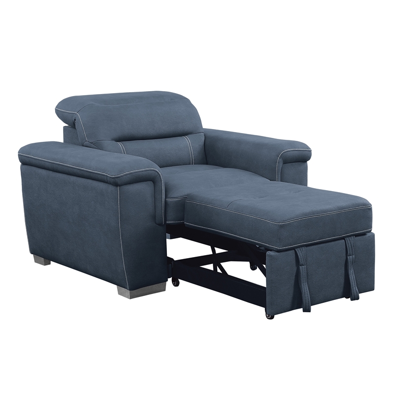 Alfie 39 Inch Chair- Pull Out Ottoman- Adjustable Headrest- Blue Microfiber