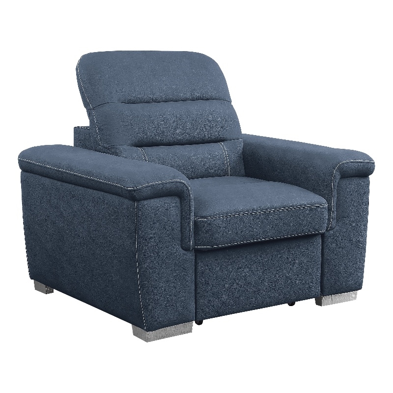 Alfie 39 Inch Chair- Pull Out Ottoman- Adjustable Headrest- Blue Microfiber