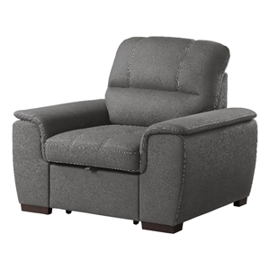 Mindy 38 Inch Chair with Pull Out Ottoman- Stitched Tufted Gray Microfiber