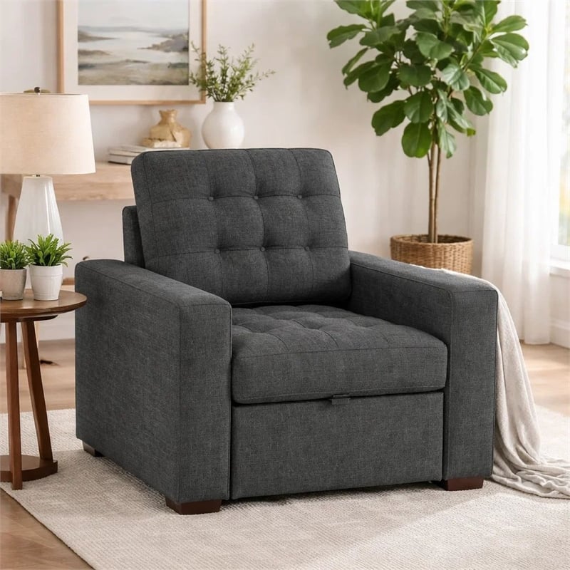 Cliff 37 Inch Chair- Pull Out Ottoman- Dark Gray Polyester- Espresso Wood