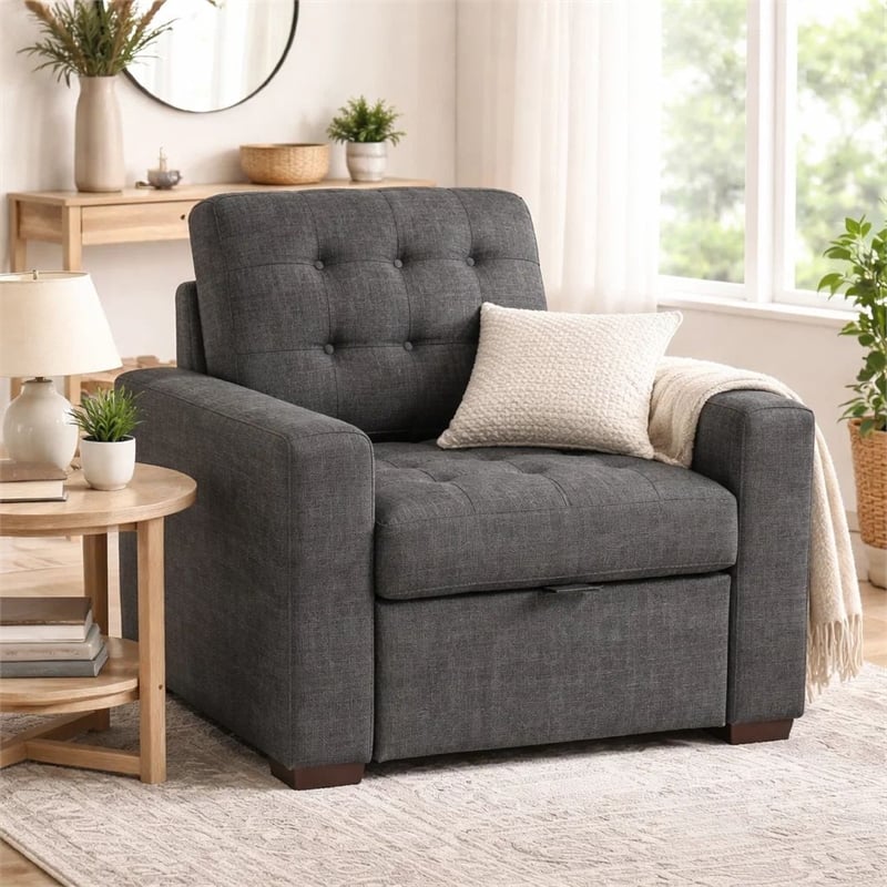 Cliff 37 Inch Chair- Pull Out Ottoman- Dark Gray Polyester- Espresso Wood
