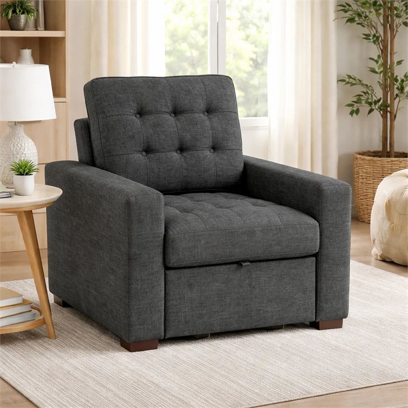 Cliff 37 Inch Chair- Pull Out Ottoman- Dark Gray Polyester- Espresso Wood