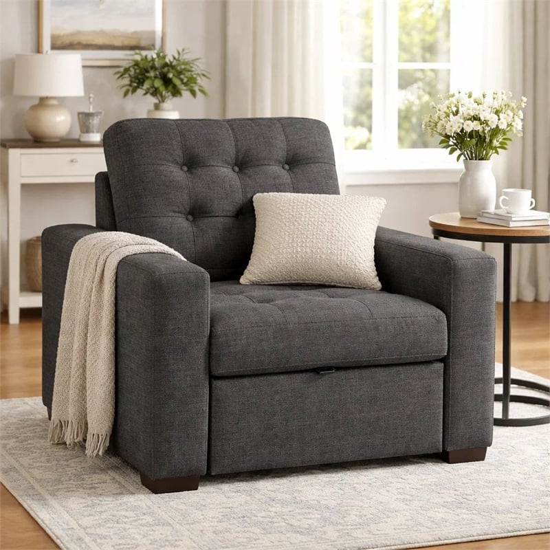 Cliff 37 Inch Chair- Pull Out Ottoman- Dark Gray Polyester- Espresso Wood