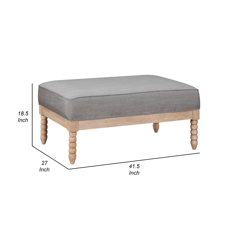 Tory Ottoman- Natural Brown Turned Wood Legs- 42 Inch Gray Polyester