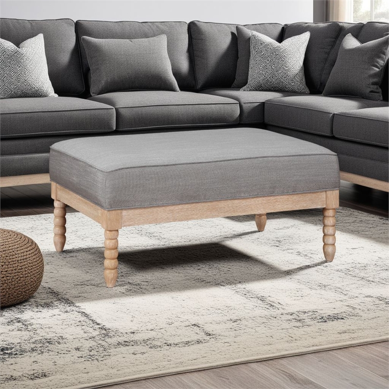 Tory Ottoman- Natural Brown Turned Wood Legs- 42 Inch Gray Polyester