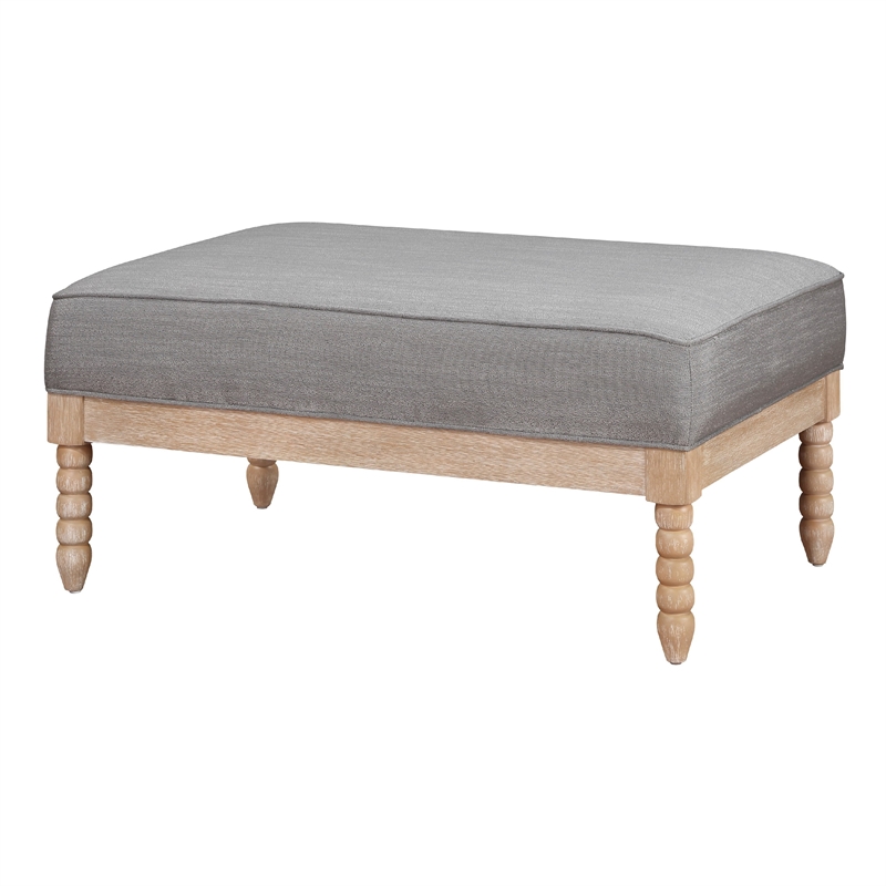 Tory Ottoman- Natural Brown Turned Wood Legs- 42 Inch Gray Polyester