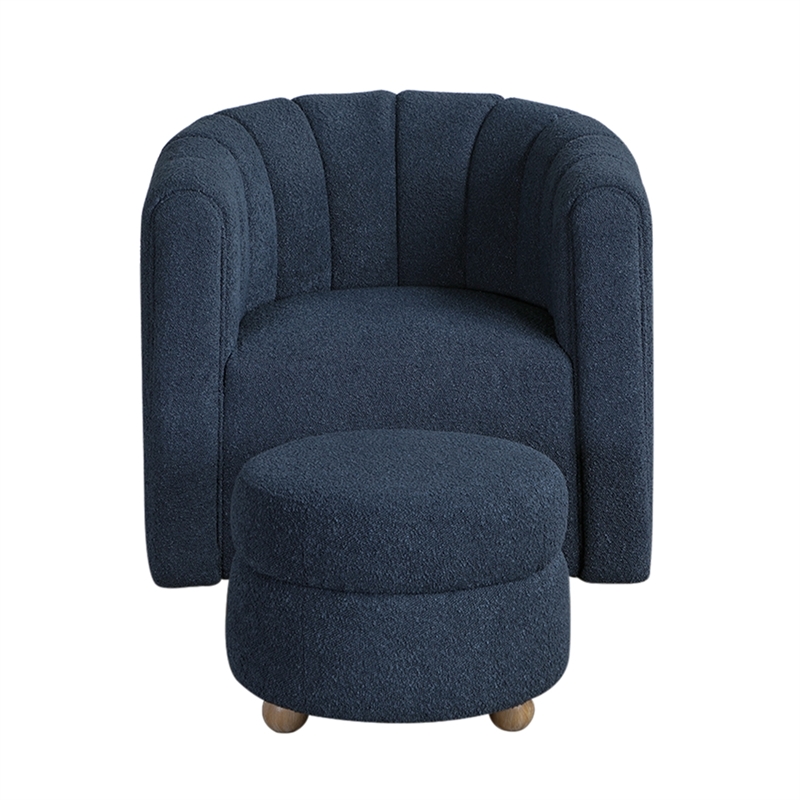 Noa Swivel Chair and Ottoman- Channel Tufted Curved Back- Blue Boucle