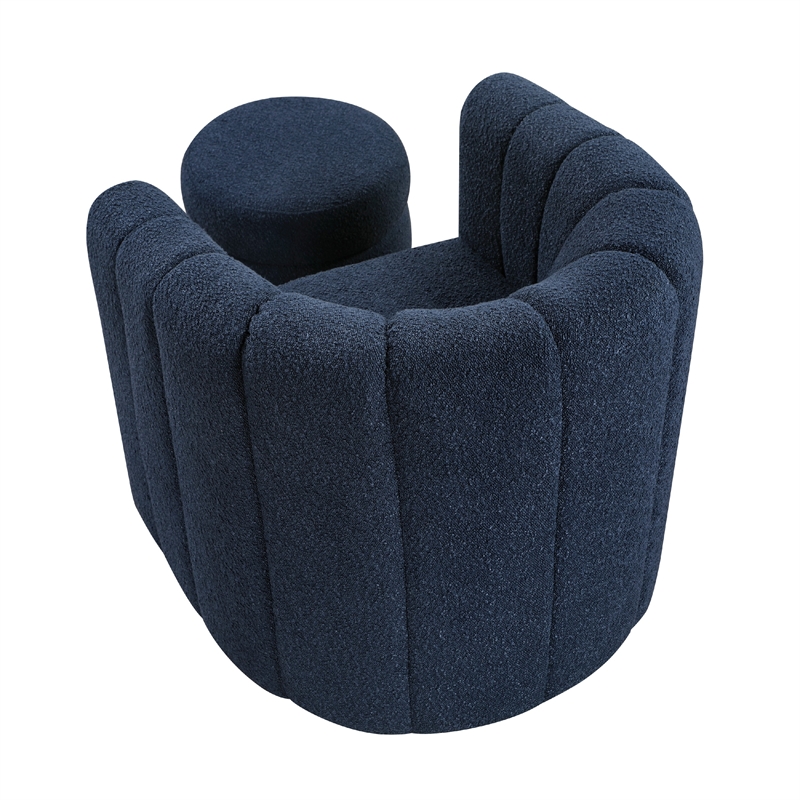 Noa Swivel Chair and Ottoman- Channel Tufted Curved Back- Blue Boucle