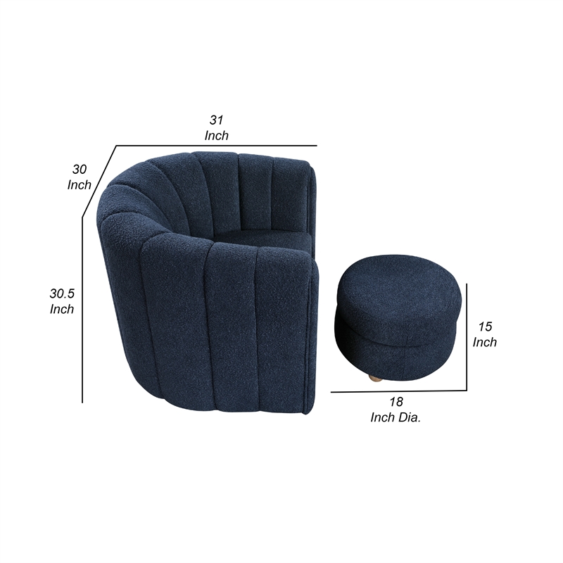 Noa Swivel Chair and Ottoman- Channel Tufted Curved Back- Blue Boucle