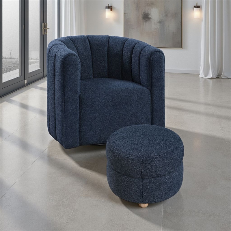 Noa Swivel Chair and Ottoman- Channel Tufted Curved Back- Blue Boucle