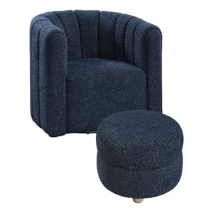 Noa Swivel Chair and Ottoman- Channel Tufted Curved Back- Blue Boucle