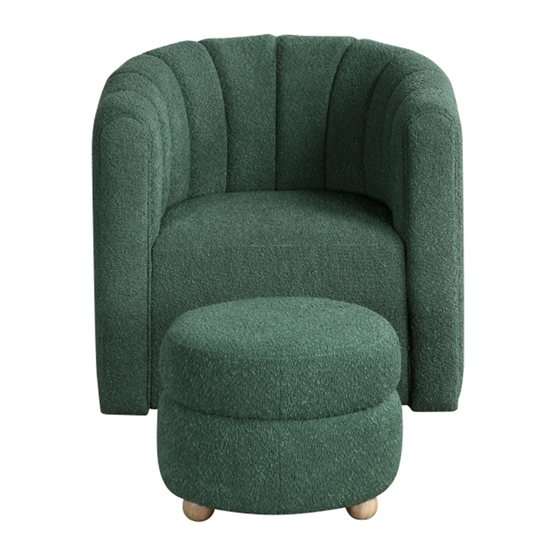Noa Swivel Chair and Ottoman- Channel Tufted Curved- Sea Green Boucle