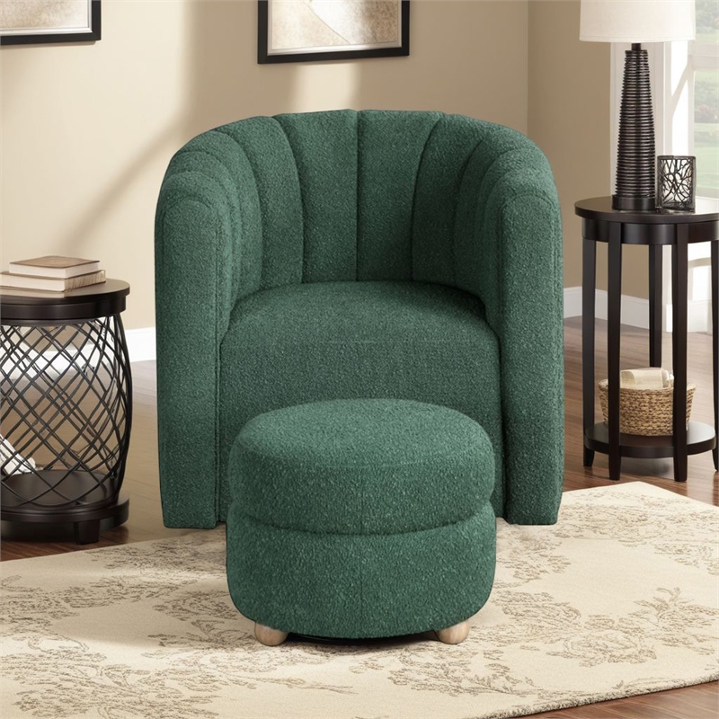 Noa Swivel Chair and Ottoman- Channel Tufted Curved- Sea Green Boucle