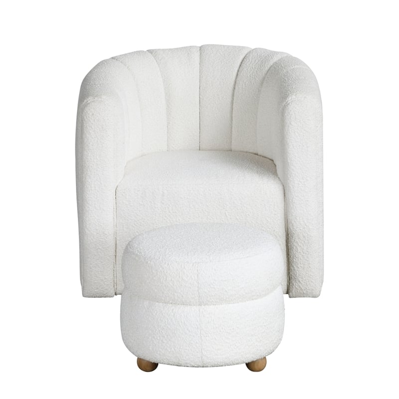 Noa Swivel Chair and Ottoman- Channel Tufted Curved Back- White Boucle