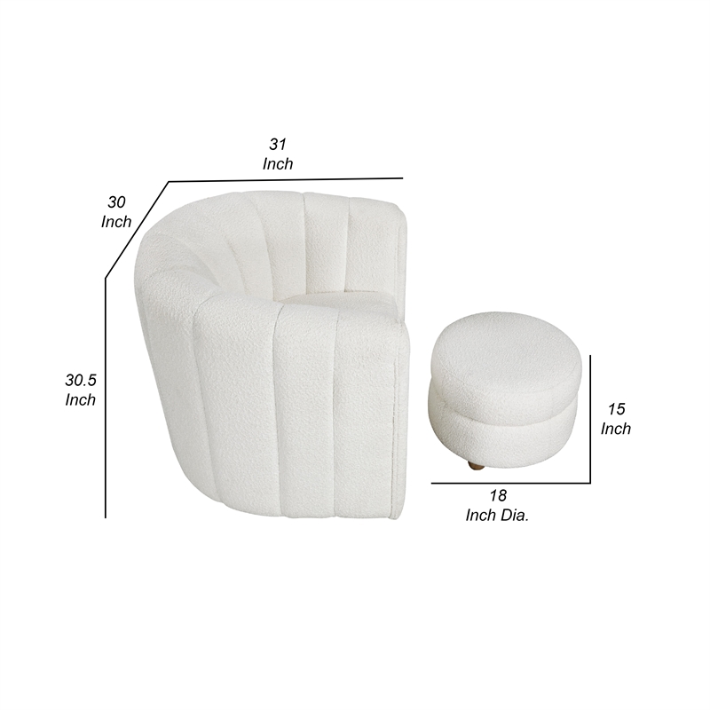 Noa Swivel Chair and Ottoman- Channel Tufted Curved Back- White Boucle