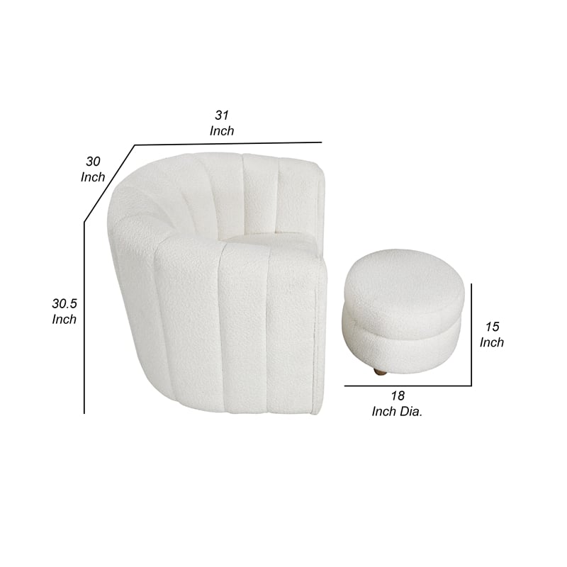 Noa Swivel Chair and Ottoman- Channel Tufted Curved Back- White Boucle