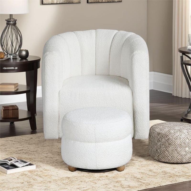 Noa Swivel Chair and Ottoman- Channel Tufted Curved Back- White Boucle