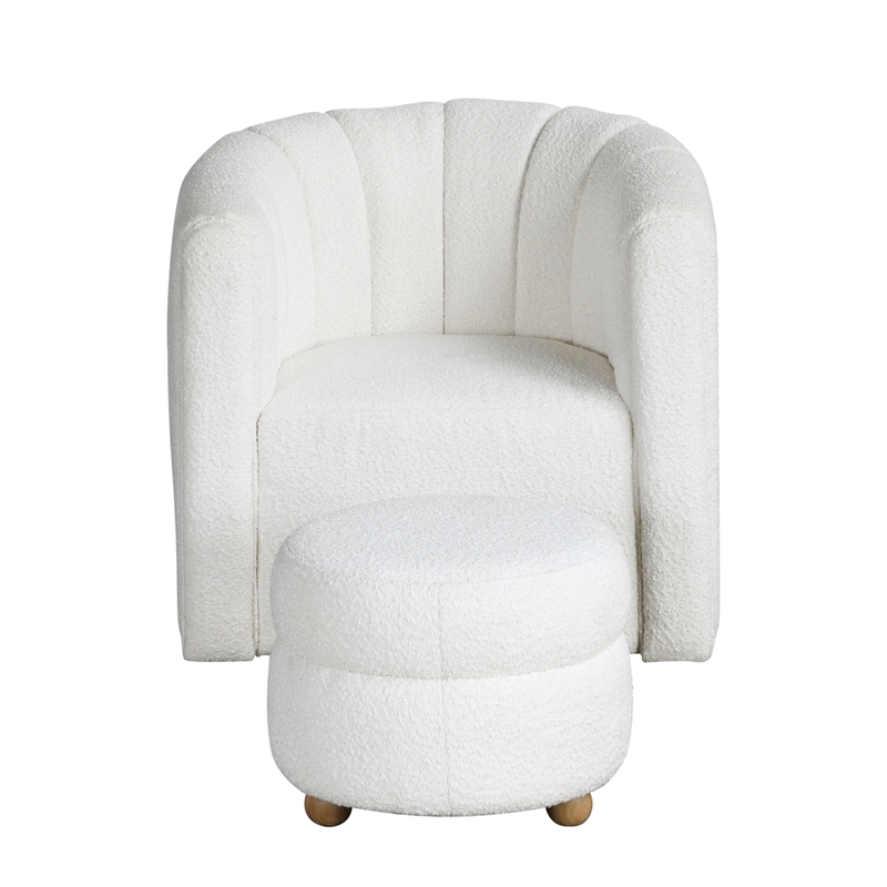 Noa Swivel Chair and Ottoman- Channel Tufted Curved Back- White Boucle