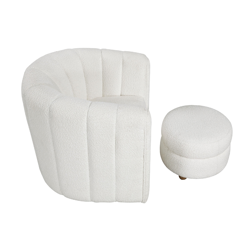 Noa Swivel Chair and Ottoman- Channel Tufted Curved Back- White Boucle