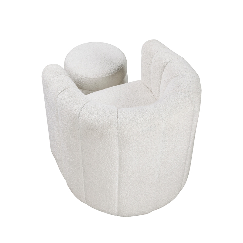 Noa Swivel Chair and Ottoman- Channel Tufted Curved Back- White Boucle