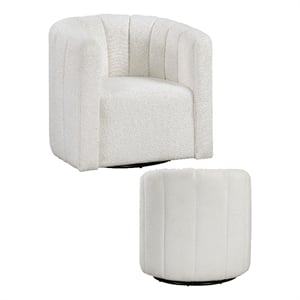 Noa Swivel Chair and Ottoman- Channel Tufted Curved Back- White Boucle