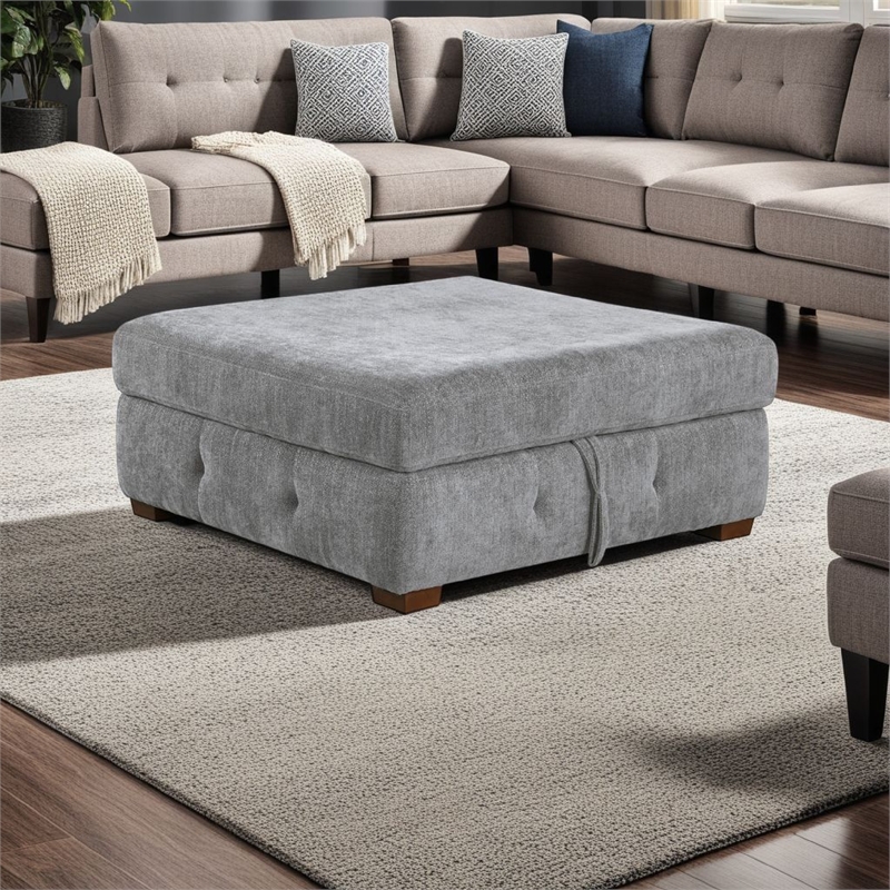 Rez Storage Ottoman- 40 Inch- Tufted Gray Chenille Cushion