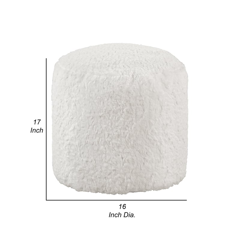 Modern Pouf Ottoman- 16 Inch Round w Fluffy Off White Faux Fur Texture