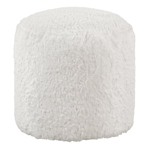Modern Pouf Ottoman- 16 Inch Round w Fluffy Off White Faux Fur Texture