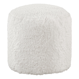 Modern Pouf Ottoman- 16 Inch Round w Fluffy Off White Faux Fur Texture