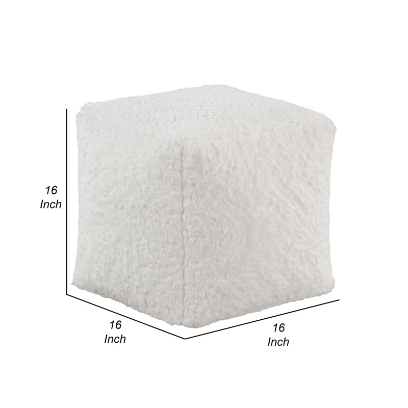 Modern Pouf Ottoman- Plush Off White Faux Fur Texture- 16 Inch Square