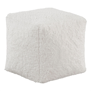 Modern Pouf Ottoman- Plush Off White Faux Fur Texture- 16 Inch Square