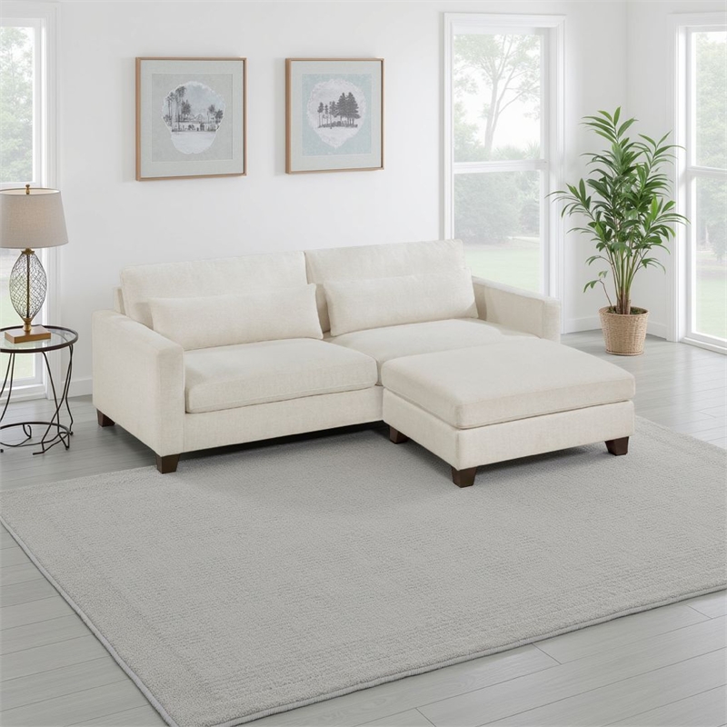 Bior Accent Ottoman- Ivory Fabric Upholstery- Solid Wood Legs- 41 Inch