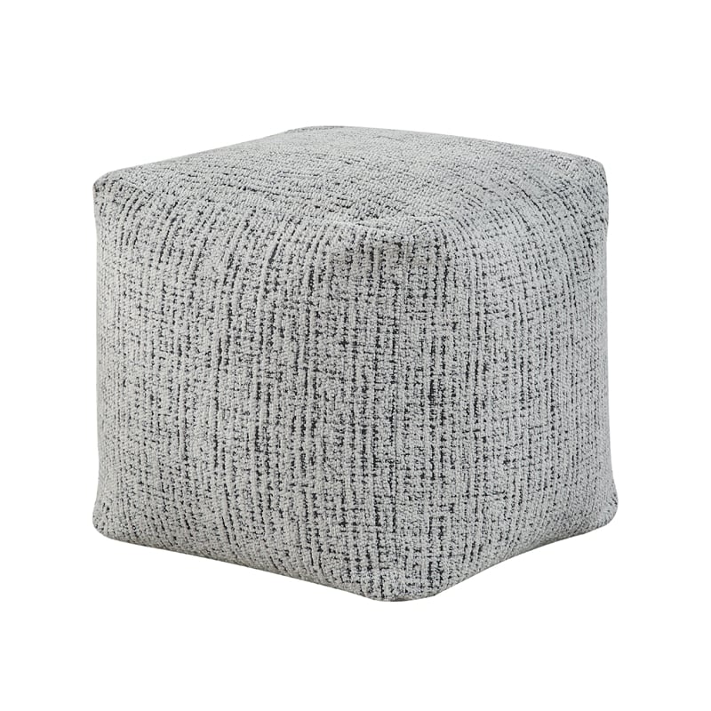Modern Pouf Ottoman- Black White Textured Chenille- 16 Inch Square