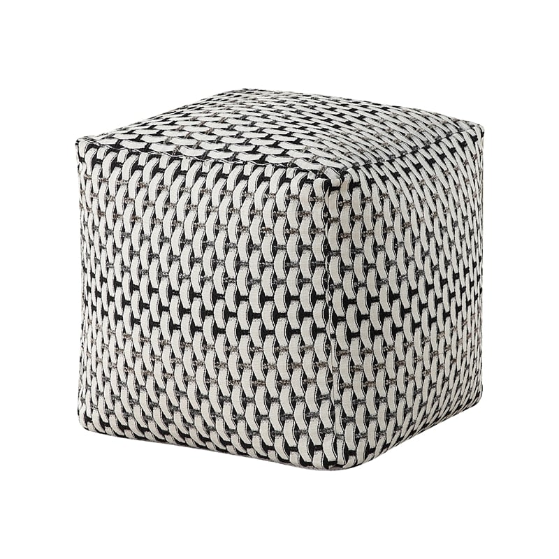 Modern Pouf Ottoman- Black White Basket Woven Jacquard- 16 Inch Square