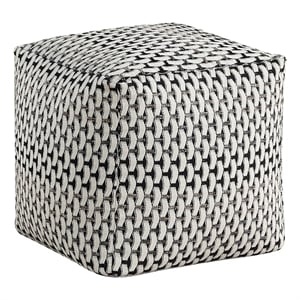 Modern Pouf Ottoman- Black White Basket Woven Jacquard- 16 Inch Square