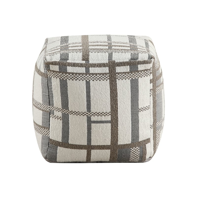 Modern Pouf Ottoman- Beige Gray Chunky Plaid Jacquard- 16 Inch Square