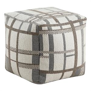 Modern Pouf Ottoman- Beige Gray Chunky Plaid Jacquard- 16 Inch Square