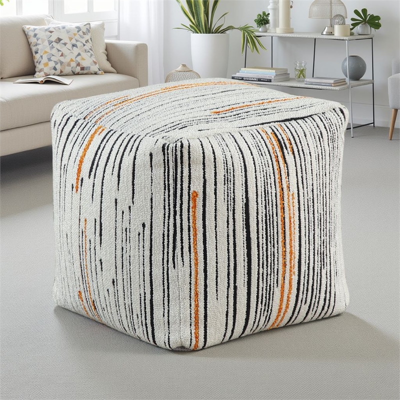 Modern Pouf Ottoman- Multicolor Vertical Striped Jacquard- 16 Inch