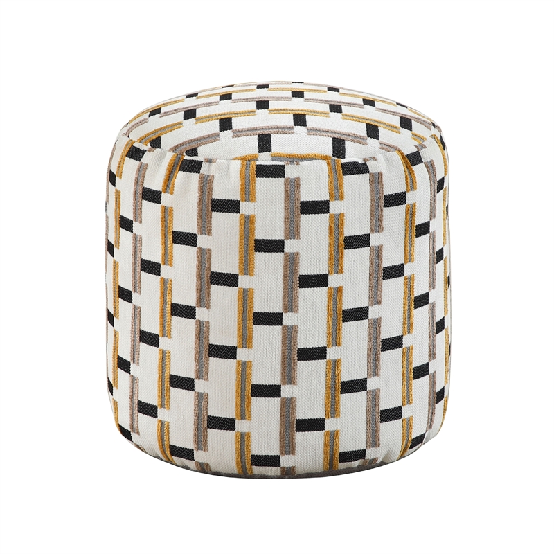 Modern Pouf Ottoman- Beige Gray Geometric Block Jacquard- 16 Inch
